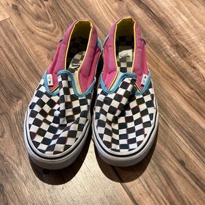 Well loved checkerbored vans blue/pink/yellow women’s sizes:9
